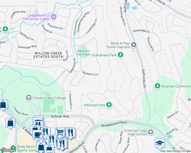map of restaurants, bars, coffee shops, grocery stores, and more near 112 Clemsford Square in Folsom