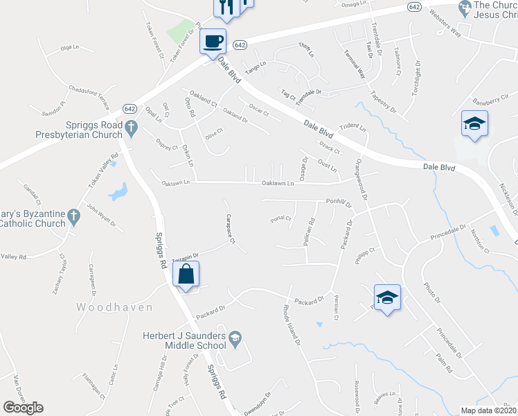 map of restaurants, bars, coffee shops, grocery stores, and more near 6085 Ponhill Drive in Woodbridge