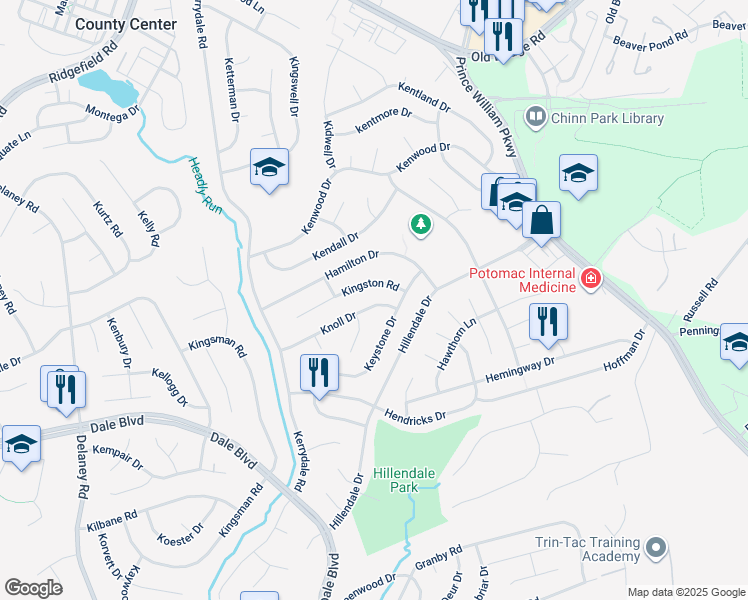 map of restaurants, bars, coffee shops, grocery stores, and more near 4506 Knoll Drive in Woodbridge