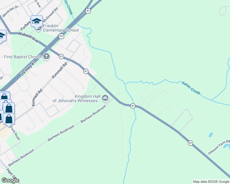 map of restaurants, bars, coffee shops, grocery stores, and more near 2696 Indiana 61 in Vincennes