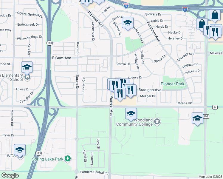 map of restaurants, bars, coffee shops, grocery stores, and more near Pioneer Avenue & Branigan Avenue in Woodland