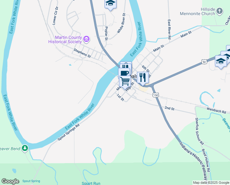 map of restaurants, bars, coffee shops, grocery stores, and more near 101 1st Street in Shoals