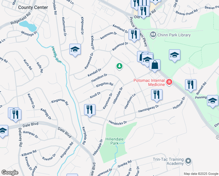 map of restaurants, bars, coffee shops, grocery stores, and more near 4502 Knoll Drive in Woodbridge