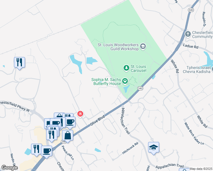 map of restaurants, bars, coffee shops, grocery stores, and more near 40 Village View Drive in Chesterfield