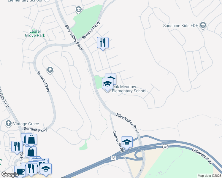map of restaurants, bars, coffee shops, grocery stores, and more near 7701 Silva Valley Parkway in El Dorado Hills