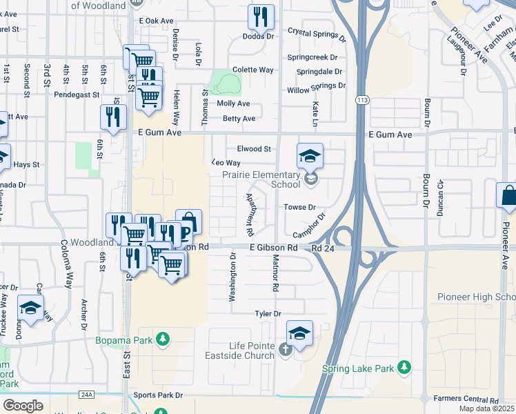 map of restaurants, bars, coffee shops, grocery stores, and more near 1180 Matmor Road in Woodland