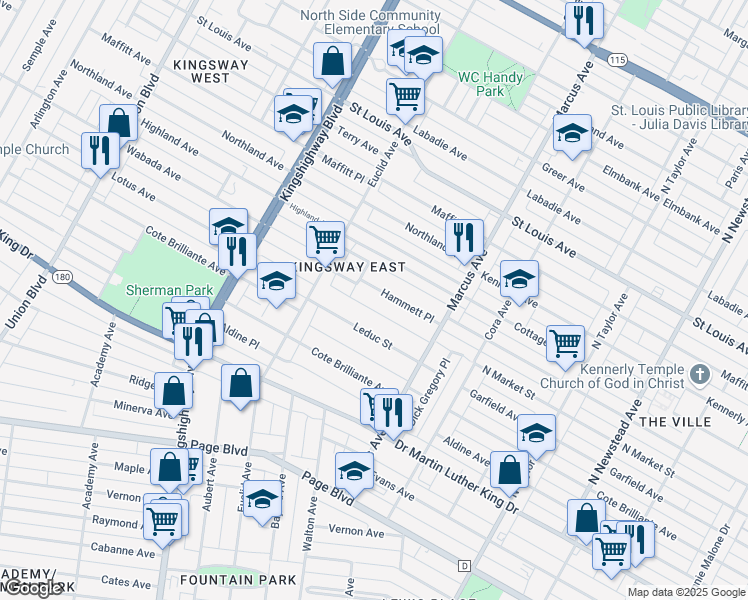 map of restaurants, bars, coffee shops, grocery stores, and more near 4767 Leduc Street in St. Louis