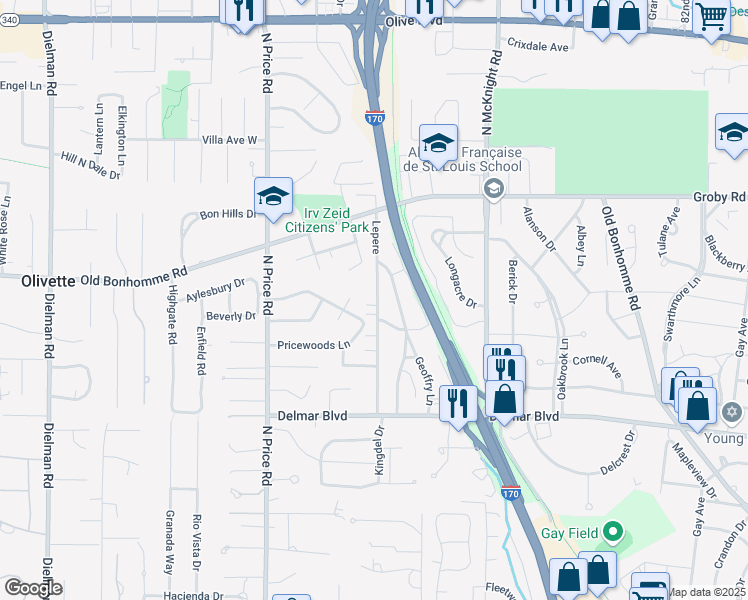 map of restaurants, bars, coffee shops, grocery stores, and more near 8694 Kingsbridge Lane in St. Louis