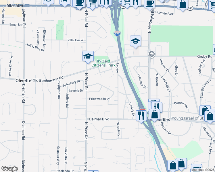 map of restaurants, bars, coffee shops, grocery stores, and more near 34 Pricewoods Lane in St. Louis