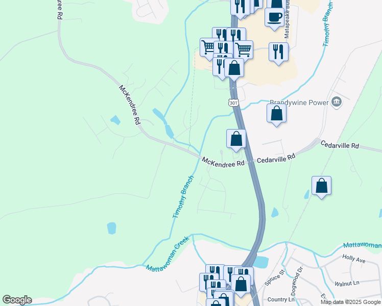 map of restaurants, bars, coffee shops, grocery stores, and more near 16317 McKendree Road in Brandywine