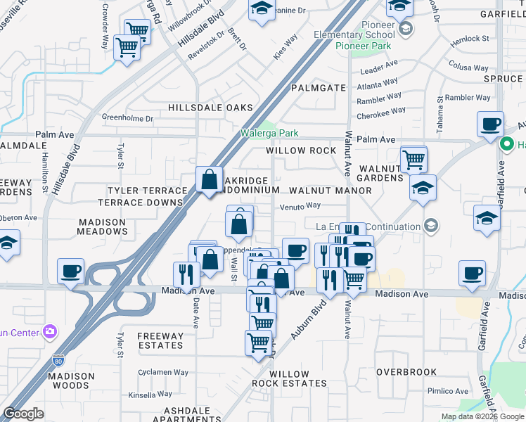 map of restaurants, bars, coffee shops, grocery stores, and more near 5415 College Oak Drive in Sacramento