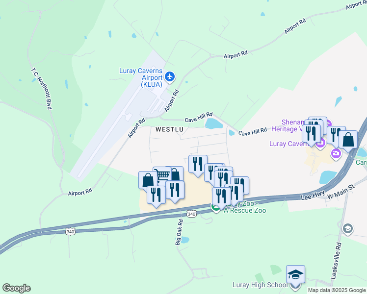 map of restaurants, bars, coffee shops, grocery stores, and more near 224 Caterpillar Drive in Luray
