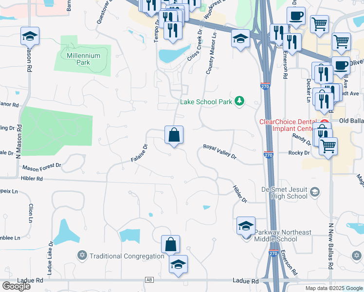 map of restaurants, bars, coffee shops, grocery stores, and more near 376 Country Glen Lane in Creve Coeur