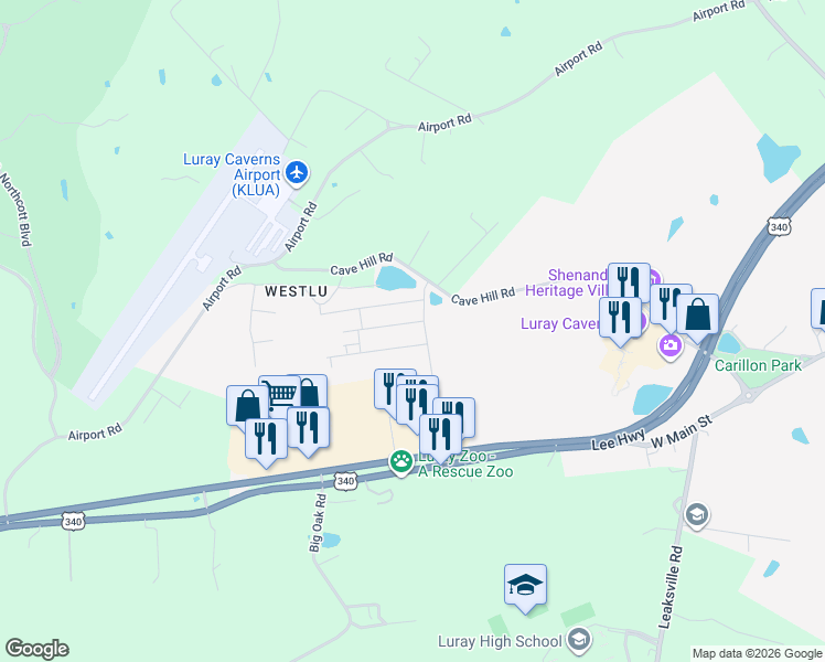 map of restaurants, bars, coffee shops, grocery stores, and more near 133 Caterpillar Drive in Luray