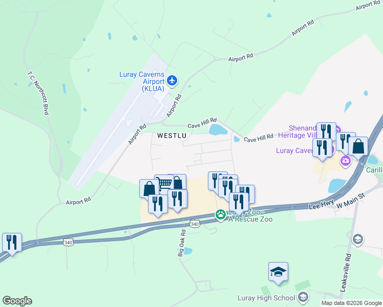 map of restaurants, bars, coffee shops, grocery stores, and more near 222 Westlu Drive in Luray