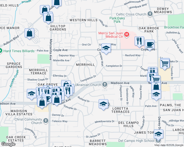 map of restaurants, bars, coffee shops, grocery stores, and more near 5505 Wilsey Way in Carmichael