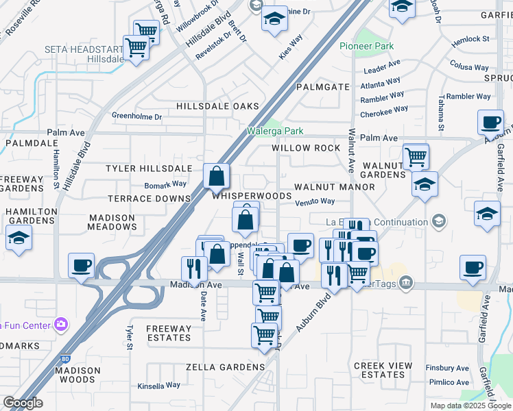 map of restaurants, bars, coffee shops, grocery stores, and more near 5415 College Oak Drive in Sacramento