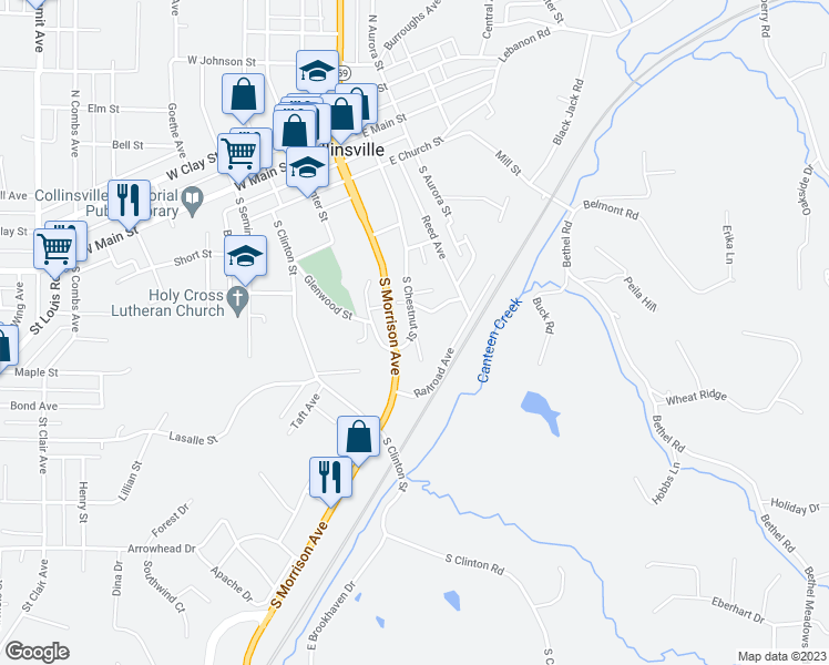 map of restaurants, bars, coffee shops, grocery stores, and more near 520 South Chestnut Street in Collinsville