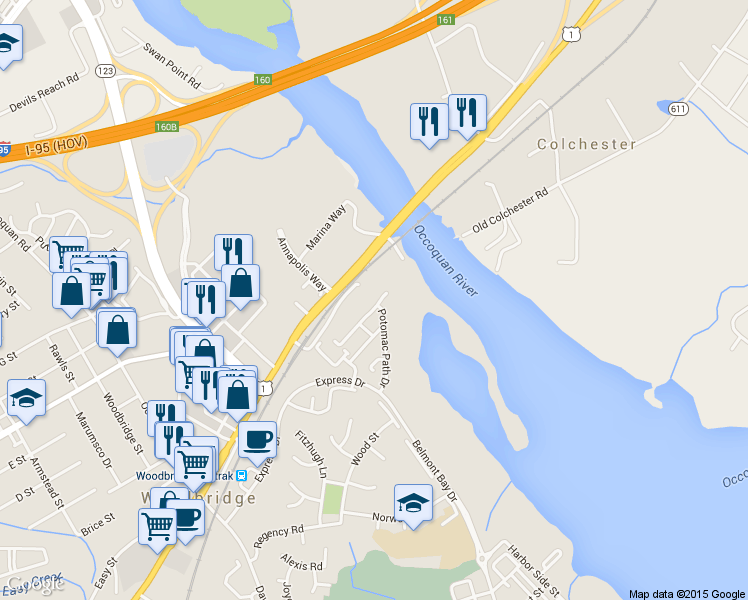 map of restaurants, bars, coffee shops, grocery stores, and more near 13316 Colchester Ferry Place in Woodbridge