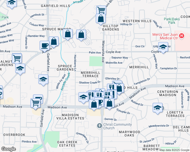 map of restaurants, bars, coffee shops, grocery stores, and more near 5741 Nonnie Avenue in Sacramento