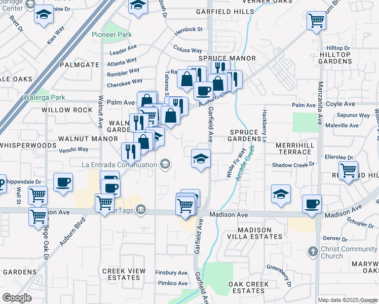 map of restaurants, bars, coffee shops, grocery stores, and more near 5401 Garfield Avenue in Sacramento