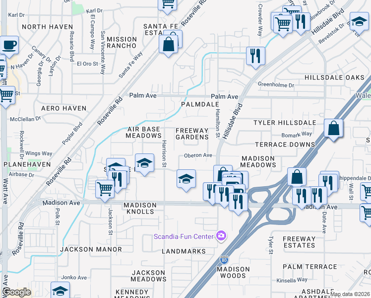 map of restaurants, bars, coffee shops, grocery stores, and more near 4145 Cabinet Circle in North Highlands