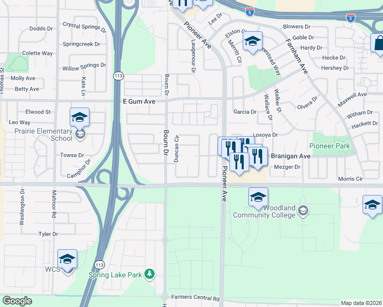 map of restaurants, bars, coffee shops, grocery stores, and more near 1655 Santoni Lane in Woodland