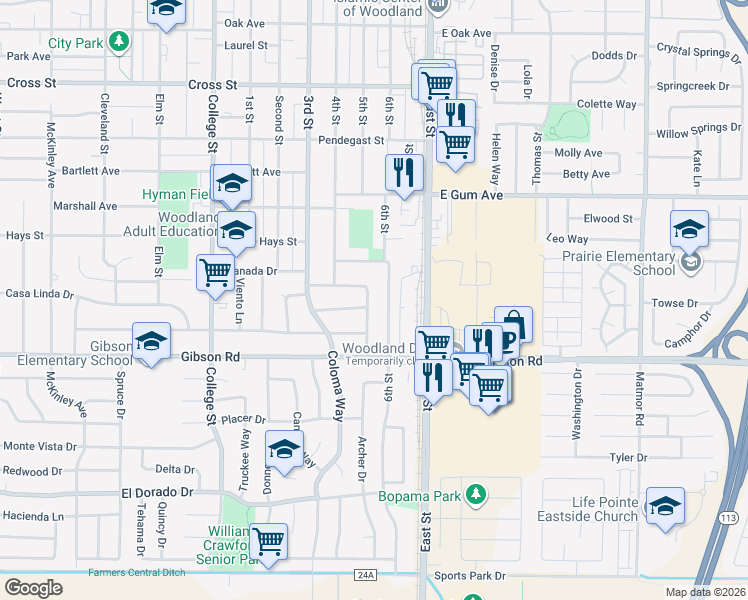 map of restaurants, bars, coffee shops, grocery stores, and more near 919 Homewood Drive in Woodland