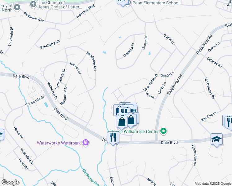 map of restaurants, bars, coffee shops, grocery stores, and more near 5418 Quarles Court in Woodbridge