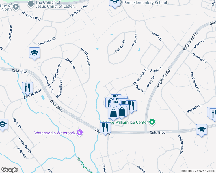 map of restaurants, bars, coffee shops, grocery stores, and more near 5418 Quarles Court in Woodbridge