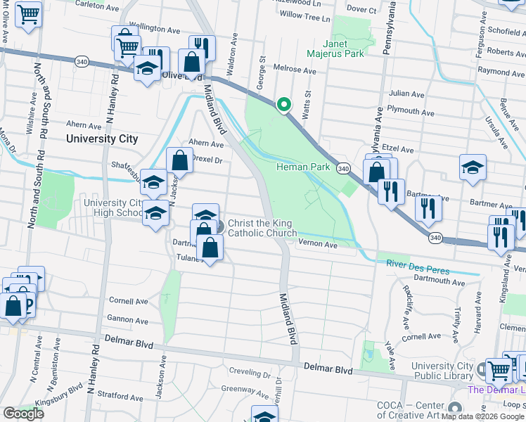 map of restaurants, bars, coffee shops, grocery stores, and more near 7200 Shaftesbury Avenue in University City