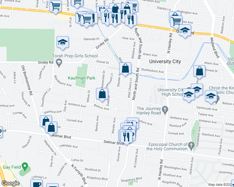 map of restaurants, bars, coffee shops, grocery stores, and more near 931 Warder Avenue in University City