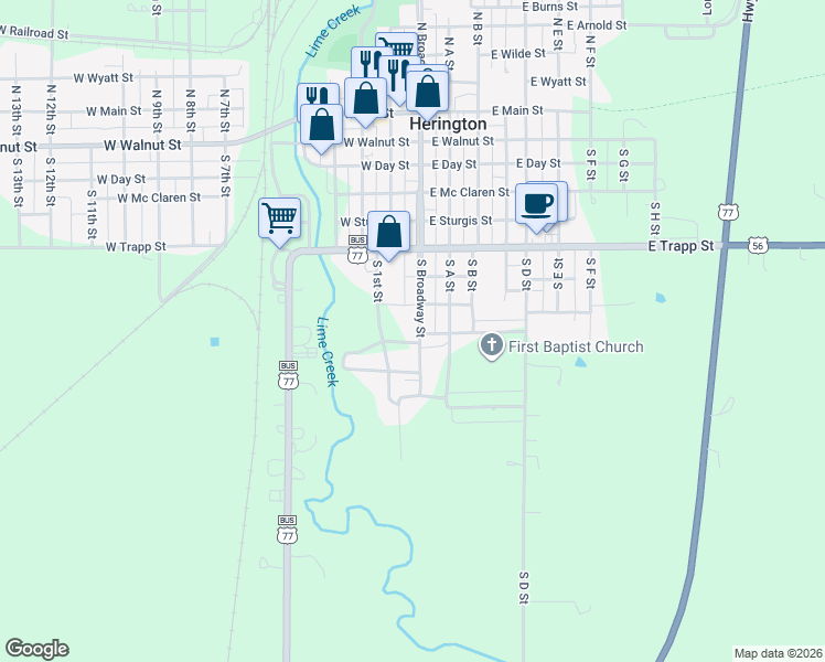 map of restaurants, bars, coffee shops, grocery stores, and more near 602 South Broadway Street in Herington