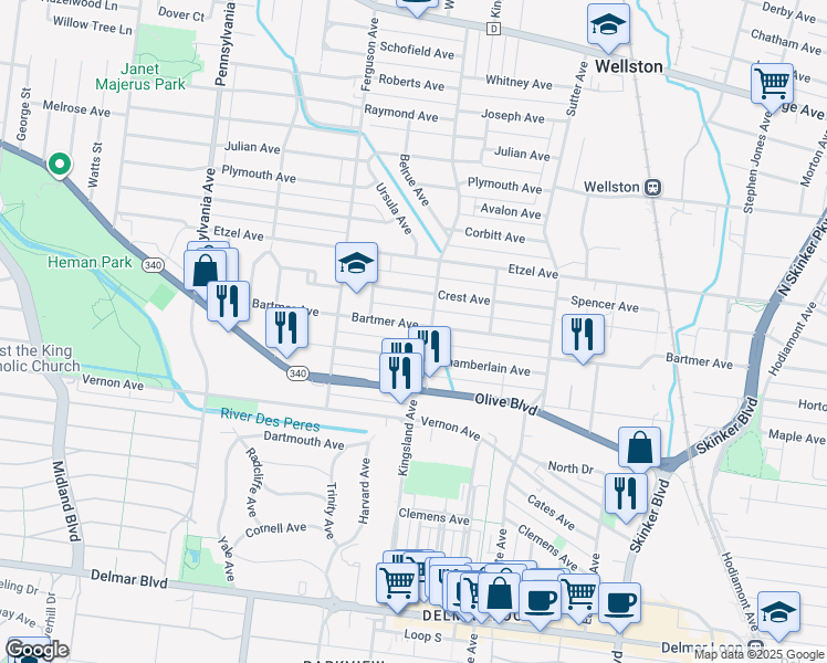 map of restaurants, bars, coffee shops, grocery stores, and more near 6712 Bartmer Avenue in University City