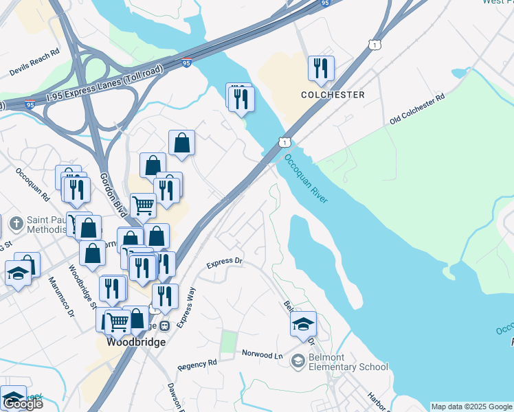 map of restaurants, bars, coffee shops, grocery stores, and more near 13316 Colchester Ferry Place in Woodbridge