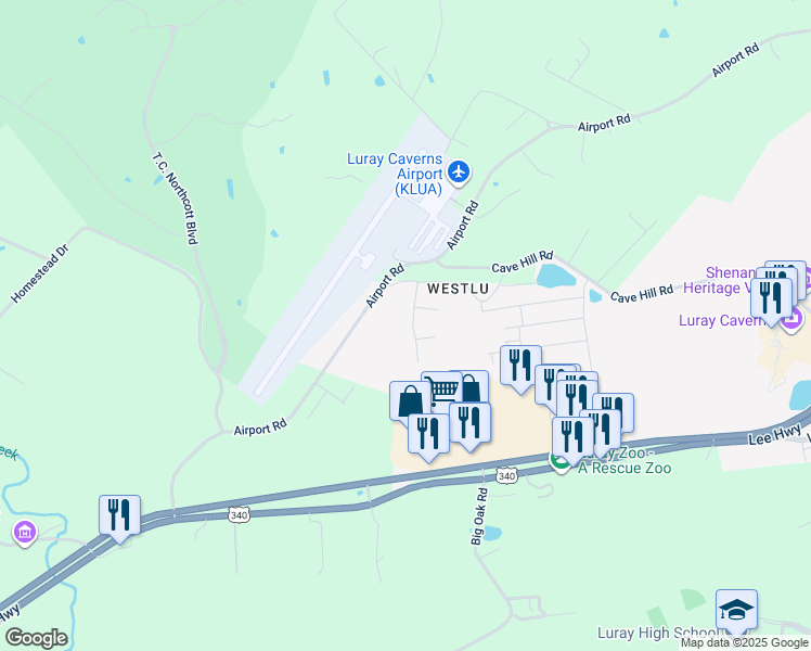 map of restaurants, bars, coffee shops, grocery stores, and more near Westlu Drive in Luray