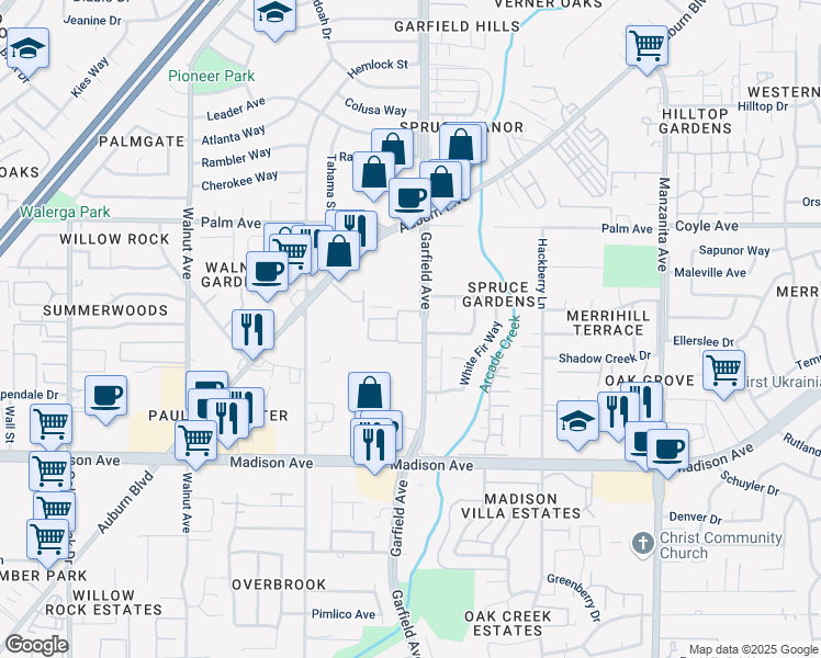 map of restaurants, bars, coffee shops, grocery stores, and more near 5401 Garfield Avenue in Sacramento