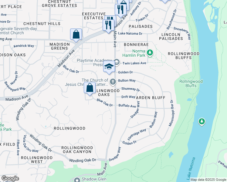 map of restaurants, bars, coffee shops, grocery stores, and more near 9391 Rolling Glen Court in Orangevale