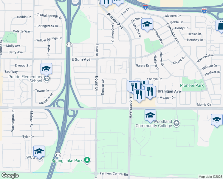 map of restaurants, bars, coffee shops, grocery stores, and more near 1655 Santoni Lane in Woodland