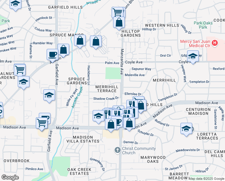map of restaurants, bars, coffee shops, grocery stores, and more near 5741 Nonnie Avenue in Sacramento