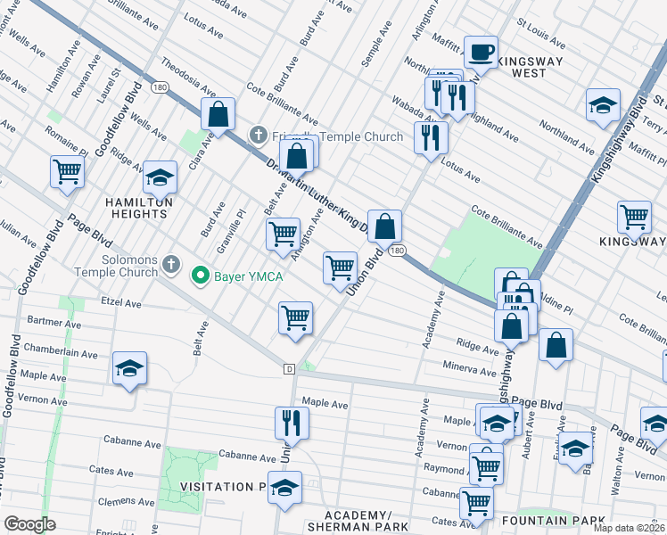 map of restaurants, bars, coffee shops, grocery stores, and more near 5341 Wells Avenue in St. Louis