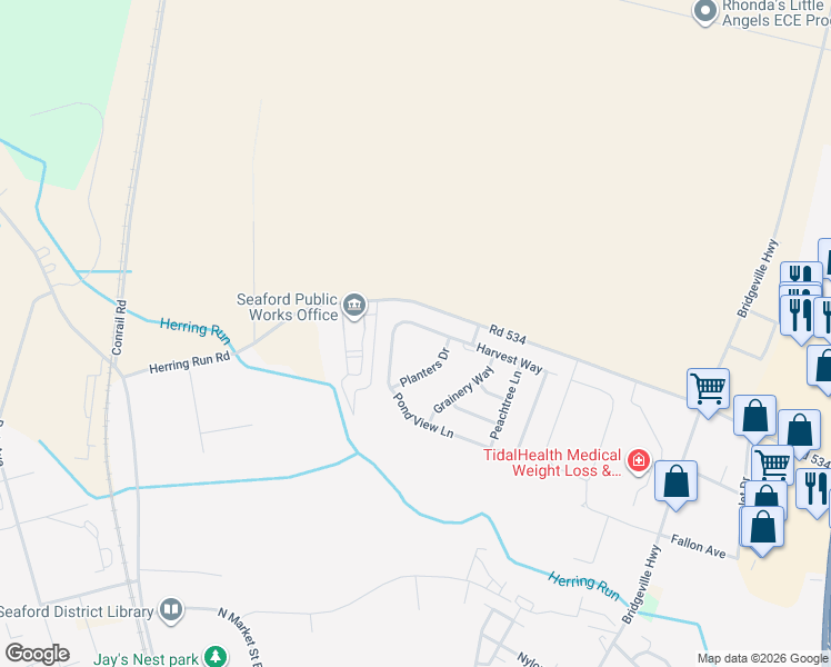 map of restaurants, bars, coffee shops, grocery stores, and more near 121 Pond View Lane in Seaford