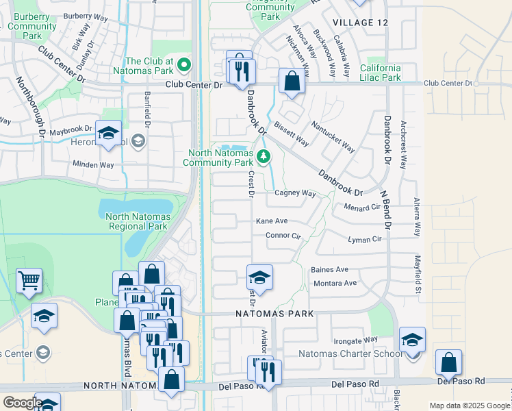 map of restaurants, bars, coffee shops, grocery stores, and more near 9 Ainger Circle in Sacramento