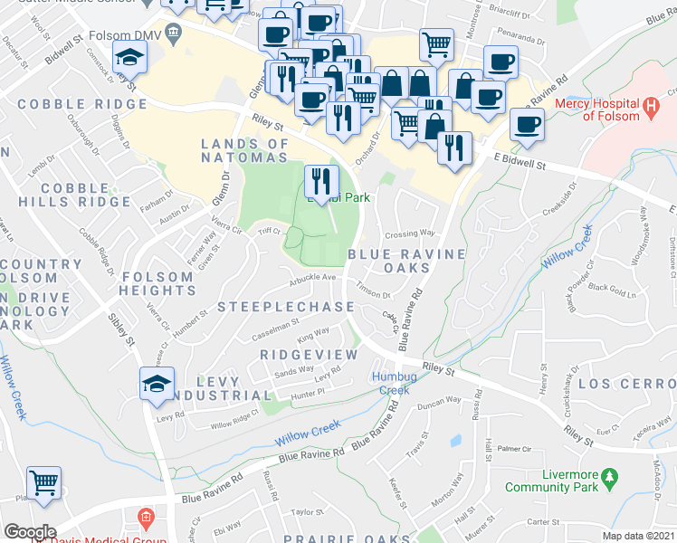 map of restaurants, bars, coffee shops, grocery stores, and more near 100 Arbuckle Avenue in Folsom