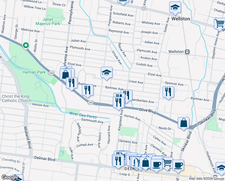 map of restaurants, bars, coffee shops, grocery stores, and more near 6744 Bartmer Avenue in St. Louis