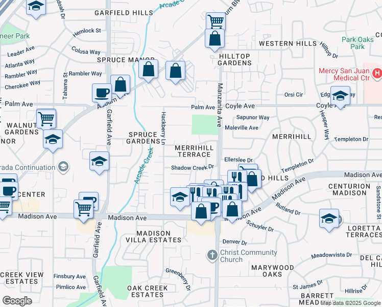map of restaurants, bars, coffee shops, grocery stores, and more near 5741 Nonnie Avenue in Sacramento