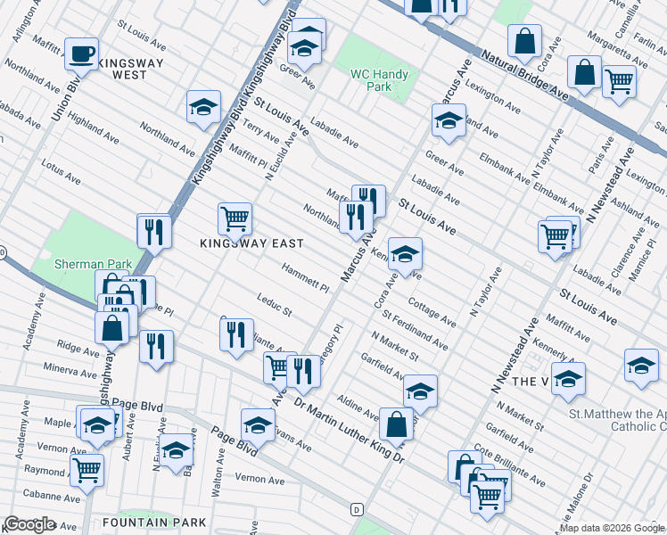 map of restaurants, bars, coffee shops, grocery stores, and more near 4715 Cupples Place in St. Louis
