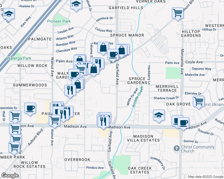 map of restaurants, bars, coffee shops, grocery stores, and more near 5401 Garfield Avenue in Sacramento