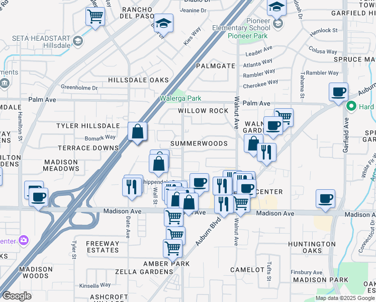 map of restaurants, bars, coffee shops, grocery stores, and more near 4906 Springfield Way in Sacramento