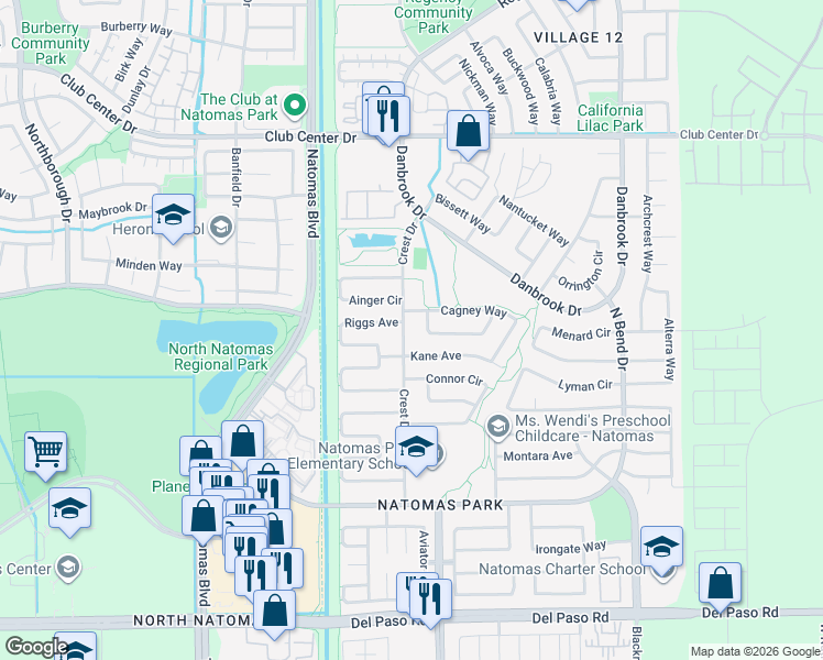 map of restaurants, bars, coffee shops, grocery stores, and more near 9 Ainger Circle in Sacramento
